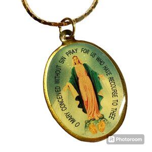 Vintage Virgin O Mary Pray Necklace Sacred Heart Gold Plated Catholic Medal 24"